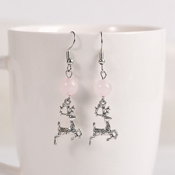 Natural Rose Quartz Dangle Earrings, Alloy Christmas Deer Jewelry for Women, 50x8mm