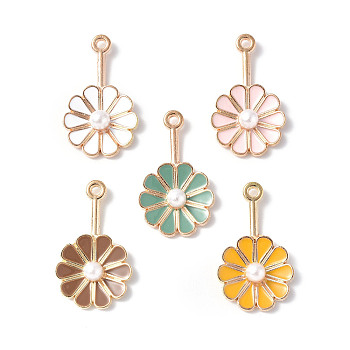 Alloy Enamel Pendants, with ABS Plastic Imitation Pearls, Light Gold, Flower Charm, Mixed Color, 26x15x4.5mm, Hole: 1.5mm