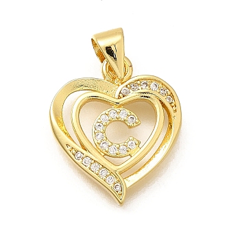 Rack Plating Brass Micro Pave Cubic Zirconia Pendants, Long-Lasting Plated, Lead Free & Cadmium Free,Real 18K Gold Plated, Heart with Letter Charms, Letter C, 17.5x15x2.5mm, Hole: 5x3mm