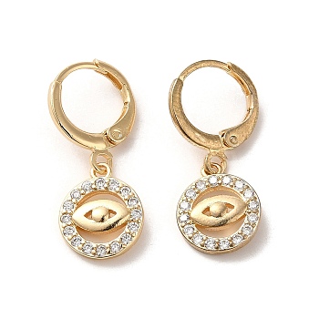 Horse Eye Brass Dangle Leverback Earrings, with Cubic Zirconia, Real 18K Gold Plated, 26x10.5mm