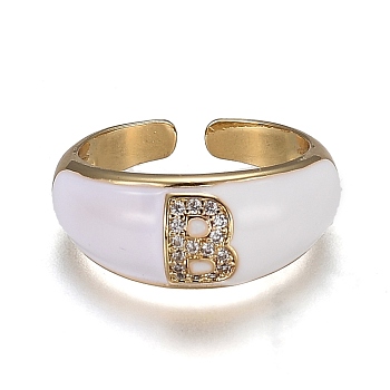 Brass Micro Pave Clear Cubic Zirconia Cuff Rings, Open Rings, with Enamel, Cadmium Free & Lead Free, Golden, Letter.B, US Size 7 1/4, Inner Diameter: 17.6mm