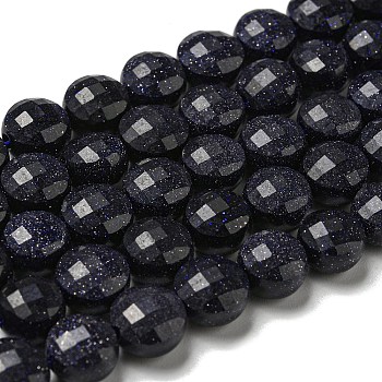 Synthetic Blue Goldstone Beads Strands, Faceted, Flat Round, 7~8x5~6mm, Hole: 1.2mm, about 47~49pcs/strand, 13.82''~14.57''(35.1~37cm)
