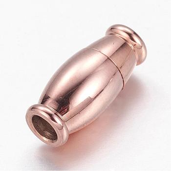 Barrel 304 Stainless Steel Magnetic Clasps with Glue-in Ends, Rose Gold, 14x6.5mm, Hole: 3mm