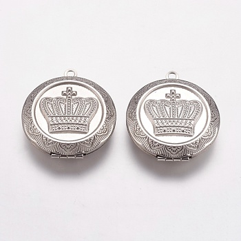 304 Stainless Steel Locket Pendants, Flat Round with Crown, Stainless Steel Color, 31x36x9mm, Hole: 2mm