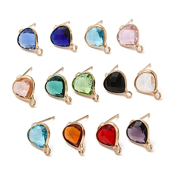 Brass Stud Earring Findings, with Glass and 304 Stainless Steel Pins & Horizontal Loops, Light Glod, Teardrop, Mixed Color, 13x10x5mm, Hole: 1.8mm, Pin: 0.8mm
