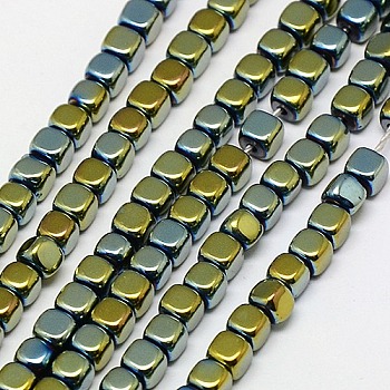 Electroplate Non-magnetic Synthetic Hematite Beads Strands, Cube, Grade A, Green Plated, 2x2x2mm, Hole: 0.6mm, about 200pcs/strand, 16 inch