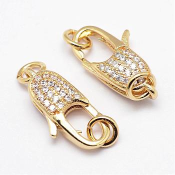 Brass Micro Pave Grade AAA Cubic Zirconia Lobster Claw Clasps, Lead Free & Nickel Free & Cadmium Free, Real 18K Gold Plated, 19x10x6mm, Hole: 3mm