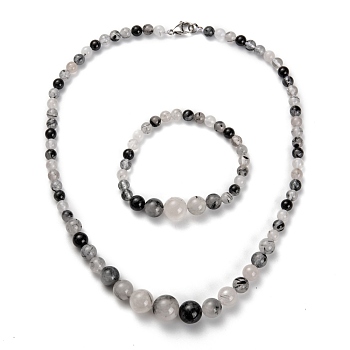 Natural Tourmalinated Quartz Graduated Beaded Necklaces & Stretch Bracelets Jewelry Sets, with Stainless Steel Lobster Claw Clasps, 18-7/8 inch(48cm), 2-1/8 inch(5.5cm)