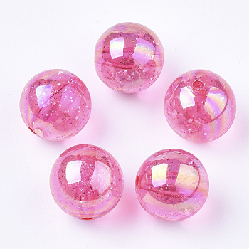 Transparent Acrylic Beads, with Glitter Powder, Glitter Beads, Round, Hot Pink, 19~19.5x19mm, Hole: 2.5mm, about 110pcs/500g