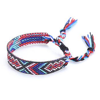 Polyester-cotton Braided Rhombus Pattern Cord Bracelet, Ethnic Tribal Adjustable Brazilian Bracelet for Women, Medium Blue, 5-7/8~11 inch(15~28cm)