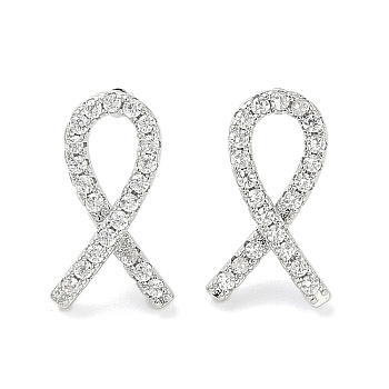 Rack Plating Brass Micro Pave Clear Cubic Zirconia Stud Earrings for Women, Cadmium Free & Lead Free, Long-Lasting Plated, Awareness Ribbon Shape, Platinum, 14x8mm