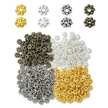 300Pcs 4 Colors Tibetan Style Alloy Daisy Spacer Beads, Granulated Beads, Mixed Color, 4x1.5mm, Hole: 1mm, 75pcs/color