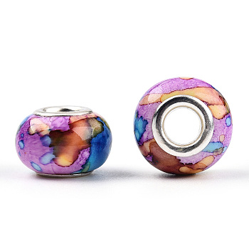 Opaque Resin European Beads, Imitation Crystal, Two-Tone Large Hole Beads, with Silver Tone Brass Double Cores, Rondelle, Medium Orchid, 14x9.5mm, Hole: 5mm