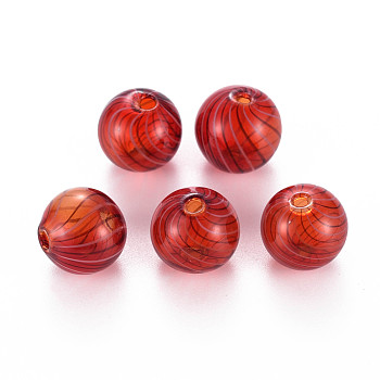 Transparent Handmade Blown Glass Globe Beads, Stripe Pattern, Round, FireBrick, 13.5~14.5mm, Hole: 1~2mm
