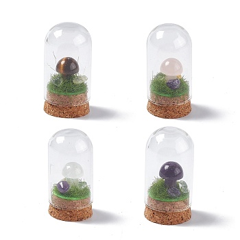 Natural Mixed Stone Mushroom Display Decoration with Glass Dome Cloche Cover, Cork Base Bell Jar Ornaments for Home Decoration, 30x57.5mm