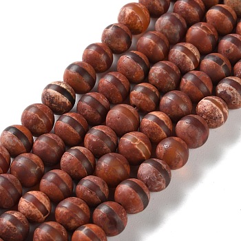 Tibetan Style dZi Beads Strangs, Natural Agate Beads, Dyed & Heated, Round with Striped Pattern, Saddle Brown, 8mm, Hole: 1.2mm, about 49pcs/strand, 14.57''(37cm)