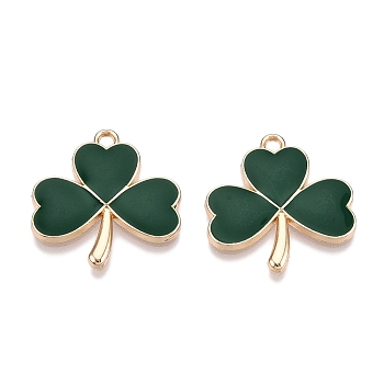 Rack Plating Alloy Enamel Pendants, Golden, Clover Charm, Dark Green, 22.5x22x2mm, Hole: 2mm