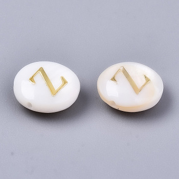 Natural Freshwater Shell Beads, with Golden Plated Brass Etched Metal Embellishments, Flat Round, Seashell Color, Letter.Z, 8x3~5mm, Hole: 0.5~07mm