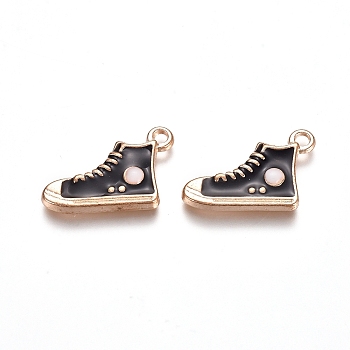 Light Gold Plated Alloy Enamel Pendants, Shoes, Black, 19.5x12.5x2.5mm, Hole: 1.5mm