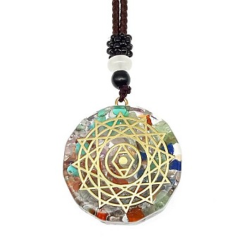 Orgonite Chakra Natural & Synthetic Mixed Stone Pendant Necklaces, Nylon Thread Necklace for Women, Flat Round, Star, 25.59 inch(65cm)