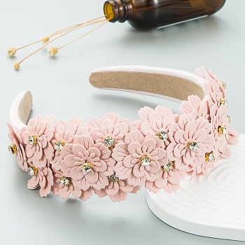 Flower Cloth Rhinestone Hair Bands, Wide Hair Accessories for Women Girls, Pink, 150x138mm