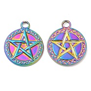 304 Stainless Steel Pendant, Flat Round with Star Charm, Rainbow Color, 20x17x2mm, Hole: 3mm(STAS-Z041-24RC)
