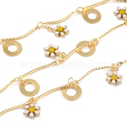 Brass Bar Link Chain, with Enamel Charms, Long-Lasting Plated, with Spool, Soldered, Daisy Flower & Ring, Golden, Flower: 10x6.5x2.5mm, Ring: 8x0.4mm, 32.8 Feet(10m)/roll(CHC-H103-22A-G)