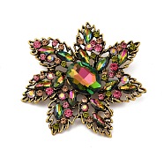 Retro Alloy Colorful Rhinestone Brooches, Flower, Antique Golden, 56.5mm(JEWB-I034-30AG)