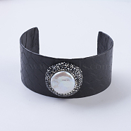 Handmade Snakeskin Leather Cord Cuff Bracelets, with Polymer Clay Rhinestone and Pearls, Flat Round, Black, 1-7/8 inch(47mm)~2 inch(50mm)x2-1/2 inch(63mm~66mm)(BJEW-F073-A19)