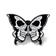 Butterfly Skull Enamel Pin, Halloween Alloy Brooch for Backpack Clothes, Electrophoresis Black, White, 22x30x1.5mm, Pin: 1mm(JEWB-K053-22EB)