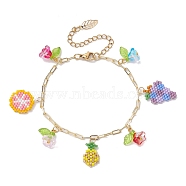 Fruit & Flower Glass Seeds Charm Bracelets, with Golden Brass Paperclip Chains, Colorful, 7-1/8 inch(18cm)(BJEW-MZ00051)
