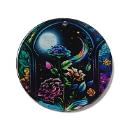 Opaque Acrylic Pendants, Flat Round with Flower, Black, 37.5~38x2mm, Hole: 1.6mm(OACR-Z007-04B)