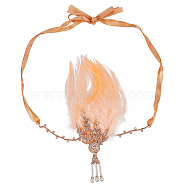 Feather Hippie Headband Floral Crown,with Alloy Chain & Rhinestone, Wedding Party Beach Bridal Decorative Hair Accessories, PeachPuff, 220~1170x9~145x22mm, 2pcs/set(DIY-WH0321-41A)