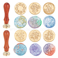 Brass Wax Seal Stamp Heads & Pearwood Handles Kit, for DIY Scrapbook, Mixed Patterns, Round Head: 25x14.5mm, Handles: about 78.3~78.5x22mm, 8pcs/set(AJEW-SD0001-19)