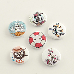 2-Hole Anchor & Helm Pattern Printed Wooden Buttons, Nautical Buttons, Flat Round, Mixed Color, 20x4~5mm, Hole: 2mm(BUTT-R031-018)