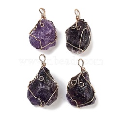 Raw Rough Natural Amethyst Copper Wire Wrapped Big Pendants, Nuggets Charms, Golden, 44.5~57.5x24~34x20~34mm, Hole: 7x6mm(G-B077-01G-02)