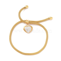 Crystal Rhinestone Heart Charm Slider Bracelet with Round Mesh Chain for Women, Golden, Inner Diameter: 3/8~3-1/8 inch(0.9~7.9cm)(BJEW-C013-05G)