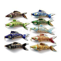 Brass Cloisonne Pendants, Gold Fish Charms with Jump Rings, Golden, Mixed Color, 95~98x23~24x30~33mm, Hole: 6.5mm(KK-P251-A05-G)