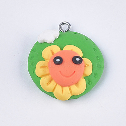 Handmade Polymer Clay Pendants, with Iron Findings, Flower, Platinum, Colorful, 29x24.5x12mm, Hole: 1.5mm(CLAY-S093-05)