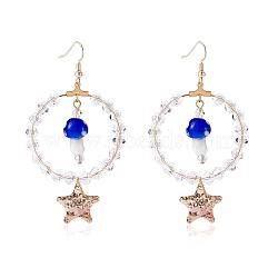 Glass Beaded Big Circle Dangle Earrings, Lampwork Mushroom & Brass Star Drop Earrings for Women, Blue, 78mm, Pin: 0.7mm(EJEW-SW00015-01)