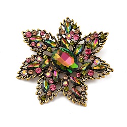 Retro Alloy Colorful Rhinestone Brooches, Flower, Antique Golden, 56.5mm(JEWB-I034-30AG)