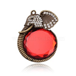 Antique Bronze Plated Alloy Glass Elephant Big Pendants, with Rhinestones, Nickel Free, Red, 59x47x10mm, Hole: 3mm(PALLOY-J540-01AB-NF)