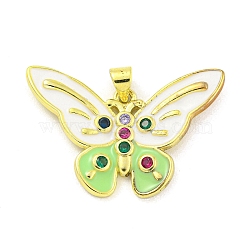 Real 18K Gold Plated Brass Micro Pave Cubic Zirconia Pendants, with Enamel, Butterfly, Green, 21.5x32.5x3mm, Hole: 4.5x3mm(KK-R159-08B-G)