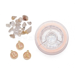 26Pcs Flat Round Initial Letter A~Z Alphabet Enamel Charms, 20G Natural Gold Rutilated Quartz Chip Beads and Elastic Thread, for DIY Jewelry Making Kits, PeachPuff, Alphabet Enamel Charms: 1 set/box(DIY-FS0001-62)