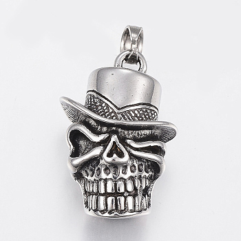 304 Stainless Steel Pendants, Skull Head, Antique Silver, 35.5x24x15mm, Hole: 6mm