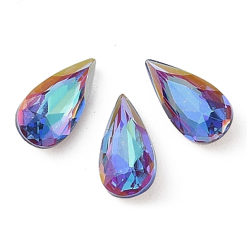 Glass Rhinestone Cabochons, Flat Back & Back Plated, Faceted, Teardrop, Bermuda Blue, 14x7x4mm