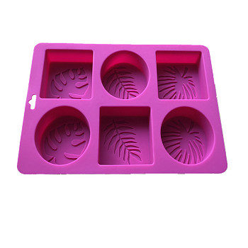 6 Cavities Silicone Molds, for Handmade Soap Making, Rectangle with Leaf, Medium Violet Red, 205x170x28mm, Inner Diameter: 70x60mm