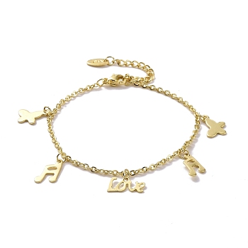 201 Stainless Steel Butterfly & Music Note & Word Love Charms Bracelet with 304 Stainless Steel Chains for Women, Golden, 6-7/8 inch(17.5cm)