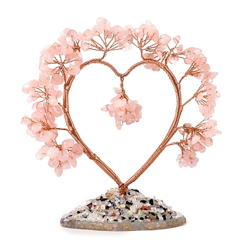 Natural Rose Quartz Chips Heart Tree Decorations, Copper Wire Feng Shui Energy Stone Gift for Women Men Meditation, 150x150mm