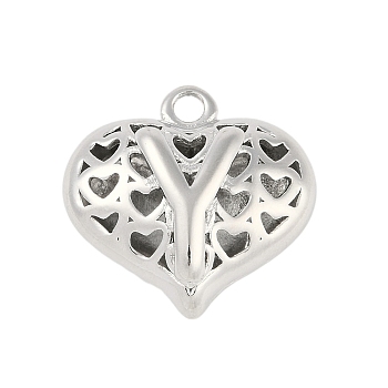 Hollow Brass Pendants for Valentine's Day, Heart with Letter, Real Platinum Plated, Letter Y, 25x26x13mm, Hole: 2.5mm